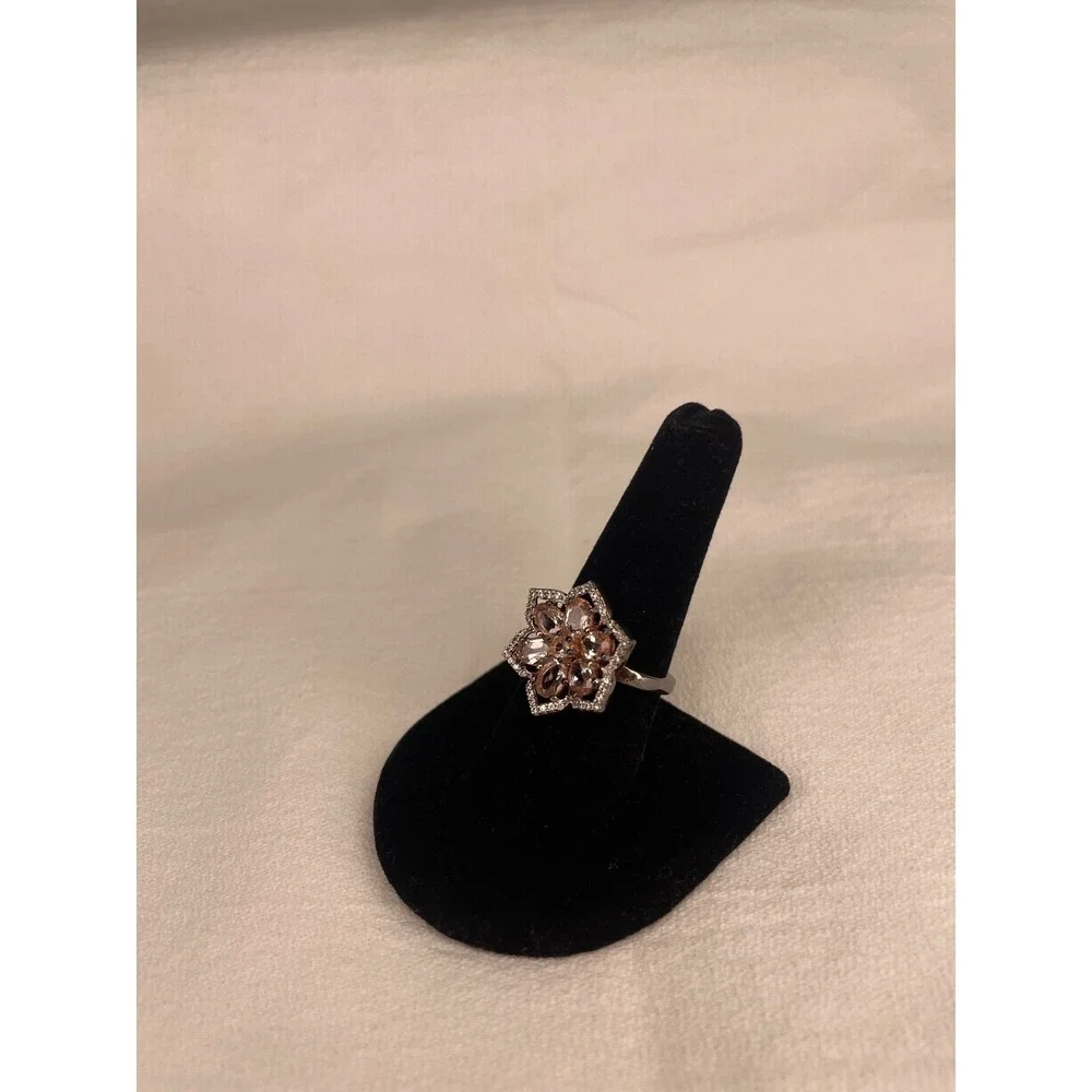 Champagne Crystal Flower Cocktail Ring Silver Tone Hexagon Statement Size 8